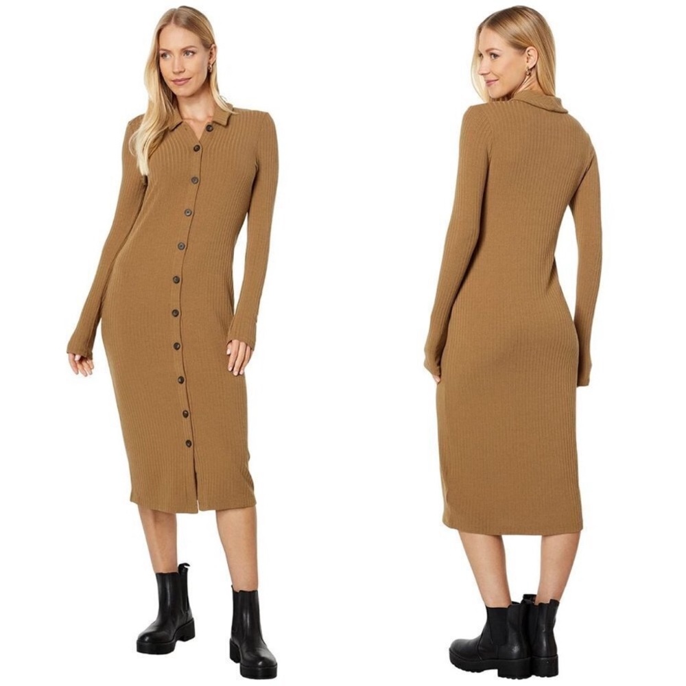 Madewell Fitted Ribbed Button-Up Sweater Dress Camel Tan Large NWT Retail $110 - Picture 4 of 15